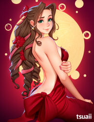 Rule 34 | 1girl, aerith gainsborough, aerith gainsborough (red dress), artist name, backless dress, backless outfit, bare arms, bare shoulders, bow, breasts, brown hair, closed mouth, curly hair, dress, dress bow, earrings, final fantasy, final fantasy vii, final fantasy vii remake, flamenco dress, flower, gold earrings, green eyes, hair flower, hair ornament, hair ribbon, hand on own arm, highres, jewelry, light blush, long dress, long hair, looking at viewer, medium breasts, nail polish, official alternate costume, parted bangs, ponytail, red background, red bow, red dress, red flower, red ribbon, ribbon, ringlets, sidelocks, smile, solo, star (symbol), star earrings, strapless, strapless dress, tsuaii