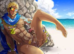 Rule 34 | 1boy, aftersex, anal, bara, barefoot, beach, blonde hair, body hair, censored, chikaredi, cum, cum in ass, cumdrip, drooling, erection, facial hair, glasses, jewelry, looking at viewer, male focus, male penetrated, naughty face, ocean, outdoors, penis, pov, pubic hair, saliva, sweat, testicles, tongue, undressing, water, yaoi