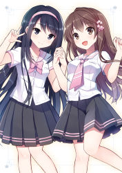Rule 34 | 2girls, :d, black hair, blue eyes, blush, breasts, brown eyes, brown hair, buttons, flower, framed, grey hair, hair flower, hair ornament, hair ribbon, hands up, happy, head tilt, holding hands, interlocked fingers, knees together feet apart, light smile, long hair, looking at viewer, mauve, multiple girls, necktie, open mouth, original, outline, pleated skirt, ribbon, school uniform, serafuku, shirt, short sleeves, simple background, skirt, small breasts, smile, standing, v, very long hair, white background