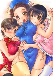Rule 34 | + +, 3girls, :3, absurdres, alternate costume, black hair, black legwear, black panties, blue skirt, bow, breast press, breasts, brown eyes, brown hair, china dress, chinese clothes, commentary request, double bun, dress, eileen (virtua fighter), girl sandwich, group picture, hair bow, hair bun, hat, heart, heart-shaped pupils, highleg, highleg dress, highres, ikeda tsukasa, large breasts, long hair, low-cut, medium breasts, microdress, miniskirt, multiple girls, pai chan, panties, pelvic curtain, pink bow, pleated skirt, red dress, sandwiched, sega, short hair, side-tie panties, skirt, sleeveless, sleeveless dress, symbol-shaped pupils, taut clothes, taut dress, thick thighs, thighhighs, thighs, umenokouji aoi, unaligned breasts, underwear, virtua fighter, white legwear, yellow legwear, yellow panties, zettai ryouiki
