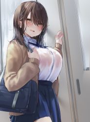 Rule 34 | 1girl, bag, blue bag, blue bow, blue bowtie, blue skirt, blush, bow, bowtie, bra visible through clothes, breasts, brown cardigan, brown hair, cardigan, carrying bag, collared shirt, commentary request, highres, large breasts, long sleeves, looking at viewer, miniskirt, nekomugiharu, open cardigan, open clothes, open mouth, original, school bag, school uniform, see-through, shirt, shirt tucked in, skirt, solo, standing, tented shirt, wet, wet clothes, wet hair, wet shirt, white shirt, yellow eyes