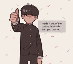 Rule 34 | 1boy, black hair, black jacket, blunt bangs, closed mouth, commentary, english commentary, english text, expressionless, gakuran, jacket, kageyama shigeo, long sleeves, looking at viewer, male focus, mob psycho 100, mp100days, school uniform, short hair, simple background, solo, standing, thumbs up, white background