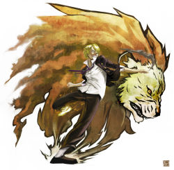 Rule 34 | 1boy, animal, black pants, blonde hair, fighting stance, formal, full body, hair over one eye, kicking, lion, male focus, necktie, nesskain, one piece, pants, sanji (one piece), shirt, solo, suit, teeth, white background, white shirt