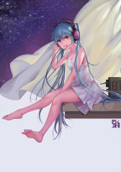 Rule 34 | 1girl, :d, absurdres, aqua nails, bare arms, bare legs, bare shoulders, barefoot, between legs, blue eyes, blue hair, blush, cable, collarbone, curtains, dress, eyelashes, feet, from side, full body, hand between legs, hatsune miku, headphones, highres, long hair, looking at viewer, nail polish, open mouth, round teeth, signature, sitting, sky, sleeveless, sleeveless dress, smile, solo, star (sky), starry sky, sundress, teeth, toenail polish, toenails, twintails, upper teeth only, user xefs3474, very long hair, vocaloid, white dress