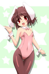 Rule 34 | 1girl, alternate costume, animal ears, bare arms, bare shoulders, brown hair, brown pantyhose, collar, detached collar, inaba tewi, leotard, open mouth, pantyhose, playboy bunny, rabbit ears, rabbit girl, red eyes, smile, solo, star (symbol), touhou, wrist cuffs, yanmarson
