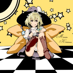 Rule 34 | 1girl, :q, blonde hair, boots, braid, brown eyes, female focus, fujimako, full body, hat, kirisame marisa, single braid, sitting, smile, solo, star (symbol), tongue, tongue out, touhou, witch, witch hat