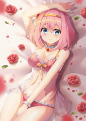 Rule 34 | 1girl, absurdres, arm up, bare arms, bare shoulders, bed sheet, blue eyes, blurry, blurry foreground, blush, bow, bow bra, bow panties, bra, breasts, cleavage, closed mouth, collarbone, commentary, depth of field, flower, frilled bra, frilled panties, frills, hair between eyes, hairband, highres, holmemee, lying, medium breasts, nail polish, on back, panties, petals, pink bra, pink hair, pink nails, pink panties, princess connect!, red flower, red rose, rose, rose petals, single wrist cuff, smile, solo, underwear, wrist cuffs, yellow hairband, yui (princess connect!)