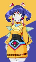 Rule 34 | 1girl, antennae, breasts, calamity33, closed mouth, cowboy shot, dress, earrings, expressionless, facial mark, female focus, forehead mark, grandia, grandia ii, jewelry, long sleeves, multicolored background, purple background, purple hair, short hair, small breasts, solo, thighs, tio (grandia), yellow background, yellow dress, yellow eyes