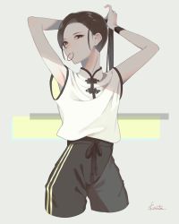 Rule 34 | 1girl, armpits, arms up, black hair, bright pupils, brown eyes, cowboy shot, drawstring, grey background, hair tie in mouth, highres, kirudai, lips, long hair, looking at viewer, mouth hold, original, pants, ponytail, shirt, sidelocks, signature, simple background, skinny, solo, track pants, tying hair, white pupils, white shirt, wristband