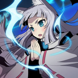 Rule 34 | 10s, 1girl, aged up, animal ear fluff, animal ears, blue eyes, blunt bangs, blush, fox ears, fox tail, glowing, japanese clothes, kon (tokyo ravens), long hair, open mouth, own hands together, ribbon-trimmed sleeves, ribbon trim, solo, spoilers, tail, tokyo ravens, white hair, wide sleeves, yazwo