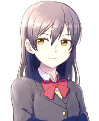 Rule 34 | 1girl, artist request, blazer, blue hair, bow, bowtie, commentary request, hair between eyes, highres, jacket, long hair, looking at viewer, love live!, love live! school idol project, otonokizaka school uniform, portrait, red bow, red bowtie, school uniform, shirt, simple background, smile, solo, sonoda umi, striped bow, striped bowtie, striped clothes, striped neckwear, vest, white background, white shirt, yellow eyes