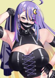 Rule 34 | 1girl, ahoge, arm up, armpits, blue nails, breasts, cleavage, earrings, fingerless gloves, gloves, hair ornament, hairclip, highres, hololive, hololive indonesia, jacket, unworn jacket, jewelry, large breasts, long hair, looking at viewer, mask, moona hoshinova, mouth mask, multiple earrings, nail polish, neige (pixiv6850453), orange nails, pink nails, purple hair, simple background, solo, upper body, virtual youtuber