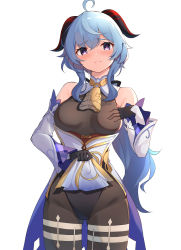 Rule 34 | 1girl, absurdres, ahoge, bare shoulders, bell, black pantyhose, blue hair, blush, breasts, brown pantyhose, clothes lift, cowbell, cowboy shot, detached sleeves, ganyu (genshin impact), genshin impact, gluteal fold, goat horns, hand on breast, hand on own chest, hand under clothes, highres, horns, leotard, leotard under clothes, lifting own clothes, long sleeves, looking at viewer, medium breasts, neck bell, pantyhose, pelvic curtain, purple eyes, simple background, skirt, skirt lift, solo, white background, ziro (zirorong)