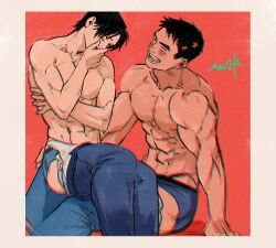 Rule 34 | 2boys, abs, bara, black hair, blue male underwear, blue pants, blush, closed eyes, clothes pull, kashikahaya, large pectorals, male focus, male underwear, multiple boys, muscular, muscular male, navel, nipples, open mouth, original, pants, pants pull, pectorals, short hair, sitting, sitting on lap, sitting on person, smile, underwear, yaoi