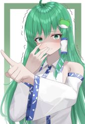 Rule 34 | absurdres, anima miko, blue eyes, blue skirt, collared shirt, frog hair ornament, green eyes, green hair, hair ornament, hair tubes, highres, kochiya sanae, long hair, looking at viewer, nontraditional miko, pointing, shaded face, shirt, single sidelock, skirt, sleeveless, sleeveless shirt, snake hair ornament, touhou, white shirt