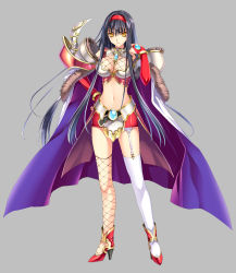 Rule 34 | 1girl, armor, black hair, breasts, cape, chi you, chinese mythology, cleavage, hairband, large breasts, legs, long hair, midriff, navel, original, riv (rivleaf), simple background, solo, standing, thighhighs, very long hair, yellow eyes, yujie shenji