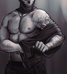 1boy arm_tattoo bara call_of_duty call_of_duty:_modern_warfare_2 chest_hair ghost_(modern_warfare_2) greyscale highres jewelry large_pectorals male_focus mask monochrome muscular muscular_male navel necklace nipples pants pectorals shell_(fludderpy) shirt skull_mask solo tattoo undressing