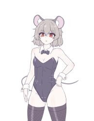 Rule 34 | 1girl, animal ears, black leotard, black thighhighs, cowboy shot, detached collar, grey hair, hair between eyes, highres, hihi (cvwv4322), leotard, mouse ears, mouse tail, nazrin, nontraditional playboy bunny, parted lips, red eyes, short hair, simple background, solo, strapless, strapless leotard, tail, thighhighs, touhou, white background, wrist cuffs
