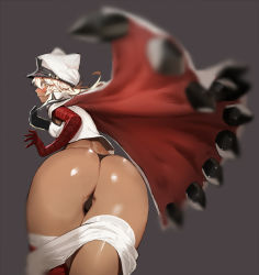 Rule 34 | 1girl, ass, bandaged arm, bandages, blurry, blush, breasts, cape, colored eyelashes, dark-skinned female, dark skin, embarrassed, from behind, grey background, guilty gear, guilty gear strive, hat, kasei yukimitsu, long hair, ramlethal valentine, shorts, simple background, solo, thigh strap, thong, white hair