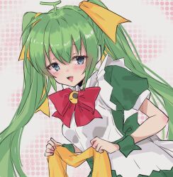 Rule 34 | 1girl, apron, blue eyes, blush, bow, bowtie, breasts, chigasaki yukari, dress, green dress, green hair, hair between eyes, hair ribbon, highres, holding, long hair, looking at viewer, medium breasts, melon-chan, melonbooks, open mouth, red bow, ribbon, short sleeves, simple background, solo, twintails, very long hair, white apron, yellow ribbon