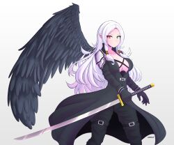 Rule 34 | 1girl, absurdres, angel wings, armor, black coat, black feathers, black gloves, black pants, black wings, bracelet, braid, breasts, cleavage, coat, commission, cosplay, crossdressing, feathered wings, feathers, feet out of frame, female focus, final fantasy, final fantasy vii, fire emblem, fire emblem: the binding blade, gloves, gradient background, green eyes, grey background, heterochromia, highres, holding, holding weapon, idunn (fire emblem), jarckius, jewelry, katana, long coat, looking at viewer, masamune (ff7), medium breasts, nintendo, no bra, pants, pointy ears, red eyes, sephiroth, sephiroth (cosplay), shoulder armor, single wing, solo, sword, weapon, white hair, wings