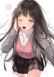 Rule 34 | 1girl, black hair, black skirt, blazer, blush, breasts, brown eyes, chocolate, collared shirt, commentary request, dress shirt, food in mouth, grey jacket, hand in own hair, hand up, heart, highres, jacket, kurasawa moko, leaning forward, long hair, long sleeves, looking at viewer, medium breasts, mole, mole under eye, mouth hold, open clothes, open jacket, original, pleated skirt, school uniform, shirt, skirt, solo, standing, sweater vest, valentine, very long hair, white background, white shirt