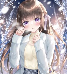 Rule 34 | 1girl, bare tree, blush, braid, breasts, brown hair, cleavage, cleavage cutout, clothing cutout, commentary request, copyright request, fur-trimmed jacket, fur-trimmed sleeves, fur trim, grey jacket, grey skirt, hands up, head tilt, highres, jacket, kohinata hoshimi, long hair, long sleeves, looking at viewer, official art, open clothes, open jacket, parted lips, purple eyes, ribbed sweater, skirt, sleeves past wrists, small breasts, snowing, solo, sweater, tears, tree, turtleneck, turtleneck sweater, very long hair, white sweater
