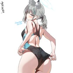 Rule 34 | 1girl, adjusting clothes, adjusting swimsuit, animal ear fluff, animal ears, artist name, ass, black one-piece swimsuit, blue archive, blue eyes, breasts, character name, commentary request, competition swimsuit, cowboy shot, cross hair ornament, extra ears, grey hair, hair ornament, halo, korean commentary, looking at viewer, looking back, low ponytail, medium breasts, medium hair, mismatched pupils, multicolored clothes, multicolored swimsuit, nagseoyong, official alternate costume, one-piece swimsuit, shiroko (blue archive), shiroko (swimsuit) (blue archive), simple background, solo, swimsuit, white background, wolf ears