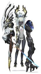 Rule 34 | 1girl, absurdres, akefumi, asymmetrical arms, black skin, cable, colored skin, commentary request, doll joints, full body, highres, holding, holding sword, holding weapon, hooves, horns, joints, looking at viewer, original, red eyes, see-through, solo, sword, weapon, white background, white hair