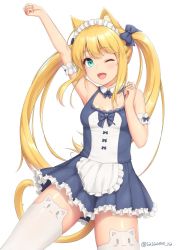 Rule 34 | 1girl, animal ear fluff, animal ear legwear, animal ears, animal print, apron, aqua eyes, arm up, bare shoulders, blonde hair, blush, bow, breasts, cat ear legwear, cat ears, cat print, cat tail, commentary request, contrapposto, detached collar, dress, frilled dress, frills, gluteal fold, hair bow, long hair, looking at viewer, one eye closed, open mouth, original, sasaame, short dress, sidelocks, simple background, sleeveless, sleeveless dress, smile, solo, standing, tail, thighhighs, twintails, twitter username, very long hair, white background, white thighhighs