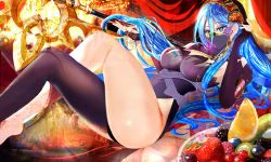 Rule 34 | 1girl, anklet, aqua eyes, azura (fire emblem), barefoot, blue hair, breasts, dress, elbow gloves, fingerless gloves, fire emblem, fire emblem fates, fire emblem heroes, gloves, hair between eyes, hairband, highres, jewelry, large breasts, long hair, looking at viewer, lying, nintendo, on back, simple background, solo, tongari, veil, very long hair