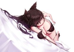 Rule 34 | 1girl, animal ears, atago (azur lane), azur lane, bare arms, bare shoulders, black bra, black panties, black pantyhose, blush, bra, breasts, brown eyes, brown hair, cleavage, closed mouth, collarbone, commentary request, eyelashes, full body, hair between eyes, heart, heart-shaped pupils, highres, holding strap, lace, lace bra, lace panties, large breasts, lingerie, long hair, looking at viewer, lying, mole, mole under eye, on side, open bra, panties, pantyhose, pantyhose around one leg, side-tie panties, solo, stz-xp, symbol-shaped pupils, underwear, underwear only, undressing, unfastened, untied panties