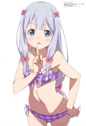 Rule 34 | 10s, 1girl, absurdres, artist request, bikini, blue eyes, blush, bow, breasts, cowboy shot, eromanga sensei, finger to mouth, frill trim, frills, gluteal fold, gradient hair, hair bow, hand on own hip, highres, izumi sagiri, long hair, looking at viewer, low-tied long hair, multicolored hair, navel, official art, open mouth, pink hair, plaid, plaid bikini, purple bikini, scan, sidelocks, silver hair, simple background, small breasts, solo, swimsuit, white background