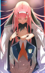 Rule 34 | 10s, 1boy, 1girl, black hair, closed eyes, coat, commentary request, copyright name, couple, darling in the franxx, green eyes, hair between eyes, hair ornament, hands on another&#039;s face, headband, hetero, highres, hiro (darling in the franxx), horns, hug, hug from behind, isshiki (ffmania7), long hair, looking at another, military, military uniform, open clothes, open coat, pink hair, red neckwear, school emblem, short hair, sidelocks, signature, tongue, tongue out, twitter username, uniform, very long hair, white coat, white headband, zero two (darling in the franxx)