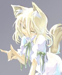 Rule 34 | 1girl, animal ear fluff, animal ears, bent over, blonde hair, breasts, closed mouth, fox ears, fox shadow puppet, fox tail, green ribbon, grey background, hair between eyes, hand up, highres, kudamaki tsukasa, medium breasts, one-hour drawing challenge, puffy short sleeves, puffy sleeves, ribbon, short sleeves, simple background, smile, solo, tail, touhou, v-shaped eyebrows, white romper, yamasina009, yellow eyes