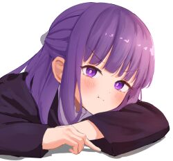 Rule 34 | 1girl, :t, blush, fern (sousou no frieren), half updo, head rest, highres, long hair, long sleeves, looking at viewer, purple eyes, purple hair, solo, sousou no frieren, spell phd, v-shaped eyebrows