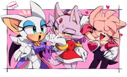 Rule 34 | 2019, 3girls, amy rose, amy rose (cosplay), animal ears, animal nose, arm up, bat ears, bat wings, blaze the cat, blaze the cat (cosplay), blush, borrowed clothes, bracelet, breasts, cat ears, cat tail, closed eyes, coattails, commentary, cosplay, costume switch, detached sleeves, dress, english commentary, eyelashes, forehead jewel, furry, furry female, gloves, green eyes, hand on own hip, heart, highres, jewelry, medium breasts, multiple girls, outside border, pants, pink hair, purple hair, red dress, rouge the bat, rouge the bat (cosplay), small breasts, snout, sonic (series), sonicaimblu19, tail, white gloves, white hair, wings, yellow eyes
