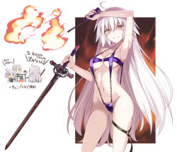 Rule 34 | 3girls, artoria pendragon (all), artoria pendragon (fate), bikini, breasts, chibi, fate/apocrypha, fate/grand order, fate (series), fire, halterneck, holding, holding sword, holding weapon, jack the ripper (fate/apocrypha), jeanne d&#039;arc (fate), jeanne d&#039;arc alter (avenger) (fate), jeanne d&#039;arc alter (fate), lighter, long hair, looking at viewer, medium breasts, multiple girls, navel, o-ring, o-ring bikini, o-ring top, ohta yuichi, purple bikini, saber alter, silver hair, slingshot swimsuit, smile, standing, swimsuit, sword, translation request, underboob, very long hair, weapon, yellow eyes