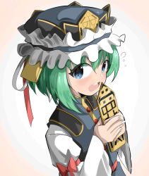 Rule 34 | 1girl, bag, balance scale, black hat, blue eyes, blue vest, epaulettes, flying sweatdrops, frilled hat, frills, green hair, hat, highres, holding, juliet sleeves, long sleeves, looking at viewer, open mouth, puffy sleeves, rod of remorse, shiki eiki, short hair, solo, spam (spamham4506), touhou, upper body, vest, weighing scale, white background