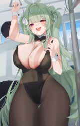 Rule 34 | 1girl, :d, animal ears, antenna hair, arm up, black bow, black bowtie, black leotard, blush, bowtie, breasts, brown pantyhose, detached collar, fake animal ears, goddess of victory: nikke, green hair, hand grip, heart antenna hair, highleg, highleg leotard, holding hand grip, large breasts, leotard, long hair, looking at viewer, mole, mole on breast, open mouth, pantyhose, pink eyes, playboy bunny, rabbit ears, smile, soda (nikke), soda (twinkling bunny) (nikke), strapless, strapless leotard, thick thighs, thigh gap, thighs, train, train interior, twintails, wide hips, wrist cuffs, yu seol 69
