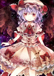 Rule 34 | 1girl, bad id, bad pixiv id, bat wings, bow, dress, female focus, flower, hat, hat bow, jaku sono, purple hair, red eyes, red flower, red rose, remilia scarlet, rose, smile, solo, touhou, wings, wrist cuffs