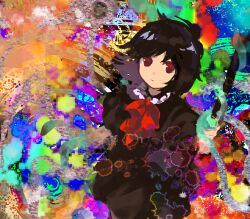 Rule 34 | 1girl, black dress, closed mouth, commentary request, cowboy shot, dress, flat chest, highres, houjuu nue, kaigen 1025, looking at viewer, multicolored background, neck ribbon, puffy short sleeves, puffy sleeves, red eyes, red ribbon, ribbon, short dress, short sleeves, solo, surreal, touhou