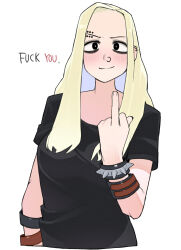 Rule 34 | 1girl, black shirt, blonde hair, blush, bracelet, closed mouth, collar, commentary, english text, highres, jewelry, long hair, looking at viewer, middle finger, nose piercing, ohasi, original, piercing, profanity, shirt, simple background, solo, spiked bracelet, spiked collar, spiked ear piercing, spikes, sweat, sweden (ohasi), symbol-only commentary, white background