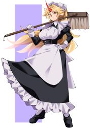 Rule 34 | 1girl, absurdres, alternate costume, apron, black footwear, black skirt, blonde hair, breasts, carrying over shoulder, commentary request, enmaided, frilled skirt, frills, fugaku (miko no miyatsuguchi), full body, gloves, hand on own hip, highres, holding, holding mop, horns, hoshiguma yuugi, large breasts, long hair, looking at viewer, maid, maid apron, maid headdress, mop, oni, pointy ears, red eyes, red horns, single horn, skirt, skirt set, solo, star (symbol), touhou, two-tone background, waist apron, white apron, white gloves