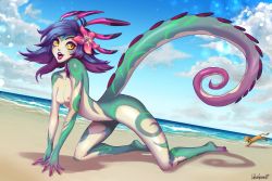 Rule 34 | 1girl, all fours, animal, artist name, beach, breasts, colored skin, day, flower, green skin, hair flower, hair ornament, highres, league of legends, long hair, multicolored hair, neeko (league of legends), nidalee, nipples, ocean, open mouth, outdoors, pink flower, pink skin, purple hair, small breasts, solo focus, tail, teeth, two-tone hair, upper teeth only, velvet queen h