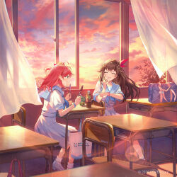 Rule 34 | 2girls, :d, ^ ^, album cover, bag, blue neckerchief, blue sailor collar, blue wristband, brown hair, chair, classroom, closed eyes, commentary request, company name, copyright name, cover, curtains, desk, dusk, hair ornament, haru (hiyori-kohal), highres, holding, holding pen, holohoneygaoka high school uniform, hololive, honeyworks, indoors, lens flare, looking at another, multiple girls, neckerchief, official art, open mouth, pen, pink wristband, pleated skirt, pointing, pointing at another, red hair, sailor collar, sailor shirt, sakura miko, school bag, school chair, school desk, school uniform, serafuku, shirt, sitting, skirt, smile, star (symbol), star hair ornament, sunlight, tokino sora, virtual youtuber, window