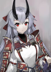 Rule 34 | 1girl, armor, bad id, bad pixiv id, emyo, expressionless, fate/grand order, fate (series), fingerless gloves, gloves, hair between eyes, headband, horns, japanese armor, long hair, oni horns, red eyes, shoulder armor, sidelocks, sketch, sode, solo, tomoe gozen (fate), weapon, white hair
