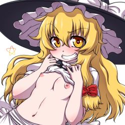 Rule 34 | 1girl, apron, bare arms, black hat, blonde hair, blush, bow, breasts, bright pupils, clothes lift, dutch angle, frilled hat, frills, grin, hair between eyes, hair bow, hands on own chest, hands up, hanya (hanya yashiki), hat, hat bow, kirisame marisa, lifting own clothes, long hair, looking at viewer, low-tied long hair, navel, nipples, no bra, orange eyes, puffy short sleeves, puffy sleeves, red bow, shirt, shirt lift, short sleeves, side ponytail, small breasts, smile, solo, stomach, touhou, turtleneck, upper body, v-shaped eyebrows, vest, waist apron, white apron, white bow, white pupils, white shirt, witch hat