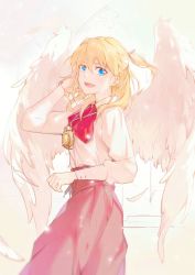 Rule 34 | 1girl, angel wings, blonde hair, blue eyes, bow, bowtie, brown skirt, casual, chrno crusade, feathered wings, highres, juliet sleeves, long skirt, long sleeves, looking at viewer, open mouth, pale color, pocket watch, puffy long sleeves, puffy sleeves, red bow, rosette christopher, serika c, skirt, solo, two side up, watch, white wings, wings