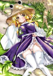 Rule 34 | 1girl, absurdres, blonde hair, clothes lift, hat, highres, hmdark-9, leaf, lifting own clothes, long hair, looking at viewer, lying, moriya suwako, on back, panties, pyonta, skirt, skirt lift, smile, solo, thighhighs, touhou, traditional media, underwear, white thighhighs, yellow eyes